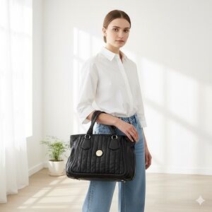 Celine vintage black quilted leather tote with gold carriage medallion